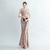 High Density Lamination Sequin Craft Order Ostrich Hair Beaded Oblique Shoulder High End Evening Dress